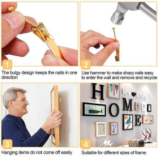 184 Pieces Picture Hanging Kit,20lb,30lb,and 50lb Picture Hangers,Metal Picture Hanging Hooks with Nails,On Drywall,Wooden Wall (Gold)