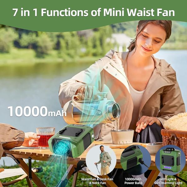 Waist Fan, Portable Neck Fan with 10000mAh Battery Ideal Belt Clip Fan for Jobsite, Farming, Fishing, Green