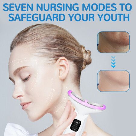 Facial Neck Massager Skin Care Tool 7 Colors LED Light and Heat Mode Rechargeable, Improve Firm Tightening