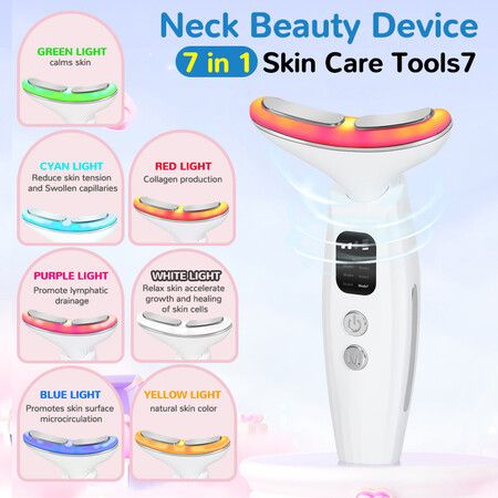 Facial Neck Massager Skin Care Tool 7 Colors LED Light and Heat Mode Rechargeable, Improve Firm Tightening