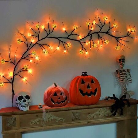 Halloween LED Rattan String Lights, Pumpkin Vine Battery-Powered Decorative Branch Lamp for Indoor Outdoor Decor