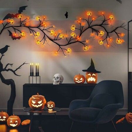 Halloween LED Rattan String Lights, Pumpkin Vine Battery-Powered Decorative Branch Lamp for Indoor Outdoor Decor