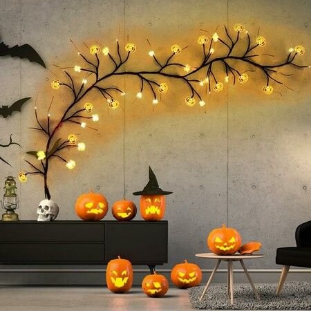 Halloween LED Rattan String Lights, Pumpkin Vine Battery-Powered Decorative Branch Lamp for Indoor Outdoor Decor