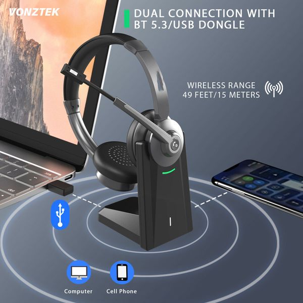 Wireless Bluetooth Headset with Microphone AI Noise Cancelling Wireless Headset with Mic Mute,Charging Base & USB Dongle for Work from Home/Call Center/PC/Laptop