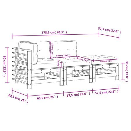 3 Piece Garden Lounge Set with Cushions White Solid Wood