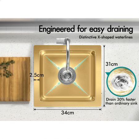 ALFORDSON Kitchen Sink Stainless Steel Drop in Flush Under Mount 340X310MM Gold