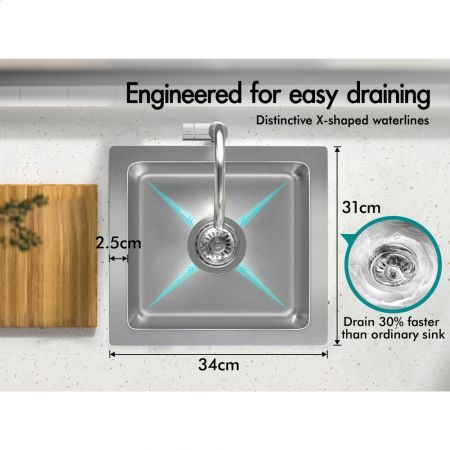 ALFORDSON Kitchen Sink Stainless Steel Drop in Flush Under Mount Basin 340X310MM