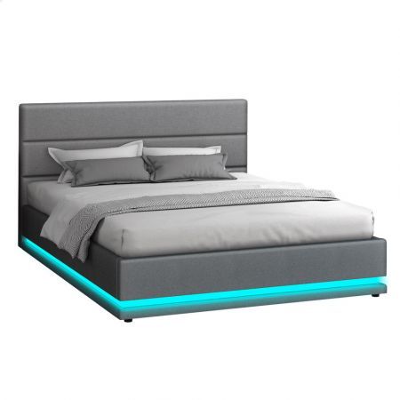 ALFORDSON Bed Frame Queen Size Platform RGB LED Gas Lift Base Storage Grey