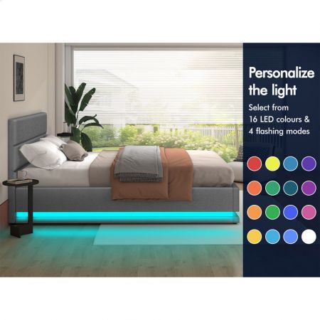 ALFORDSON Bed Frame Queen Size Platform RGB LED Gas Lift Base Storage Grey