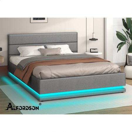 ALFORDSON Bed Frame Queen Size Platform RGB LED Gas Lift Base Storage Grey