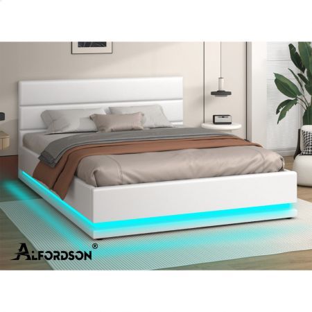 ALFORDSON Bed Frame King Size Platform RGB LED Gas Lift Base Storage White