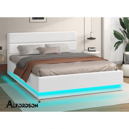 ALFORDSON Bed Frame King Size Platform RGB LED Gas Lift Base Storage Boucle