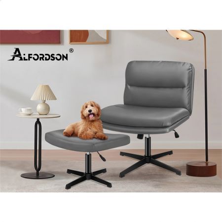 ALFORDSON Office Chair Computer Cross-legged Seat Work Ottoman PU Leather Grey