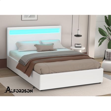 ALFORDSON Bed Frame King Size RGB LED Gas Lift Base Platform Storage White