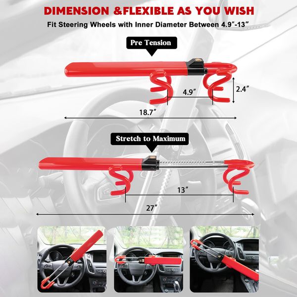 Steering Wheel Lock,Heavy Duty Antitheft Device and Car Security Lock with Adjustable Locking - Great Vehicle and Truck Deterrent (Red)