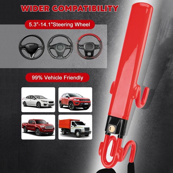 Steering Wheel Lock,Heavy Duty Antitheft Device and Car Security Lock with Adjustable Locking - Great Vehicle and Truck Deterrent (Red)