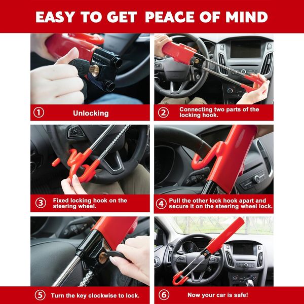 Steering Wheel Lock,Heavy Duty Antitheft Device and Car Security Lock with Adjustable Locking - Great Vehicle and Truck Deterrent (Red)