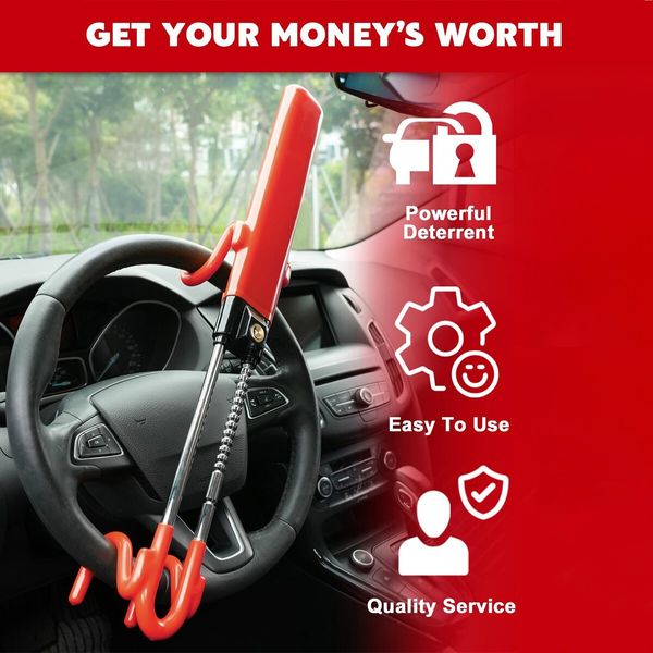 Steering Wheel Lock,Heavy Duty Antitheft Device and Car Security Lock with Adjustable Locking - Great Vehicle and Truck Deterrent (Red)