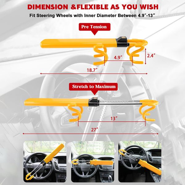 Steering Wheel Lock,Heavy Duty Antitheft Device and Car Security Lock with Adjustable Locking - Great Vehicle and Truck Deterrent (Yellow)