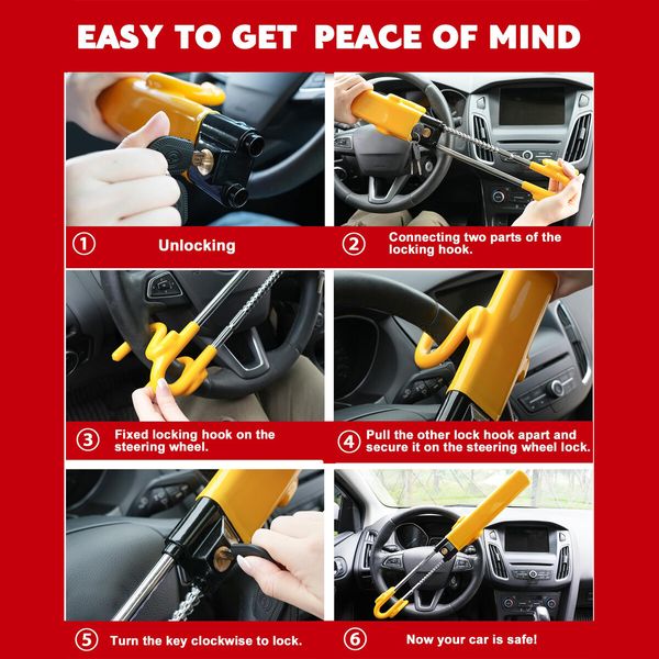 Steering Wheel Lock,Heavy Duty Antitheft Device and Car Security Lock with Adjustable Locking - Great Vehicle and Truck Deterrent (Yellow)