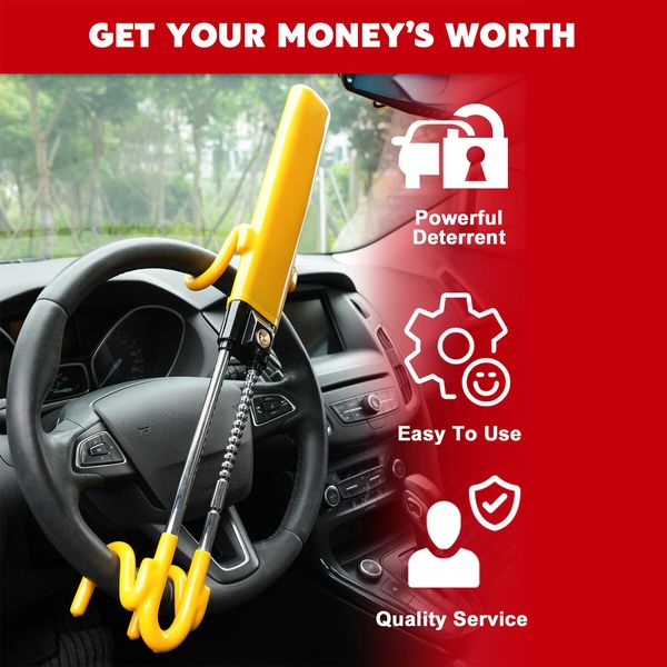 Steering Wheel Lock,Heavy Duty Antitheft Device and Car Security Lock with Adjustable Locking - Great Vehicle and Truck Deterrent (Yellow)