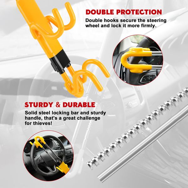 Steering Wheel Lock,Heavy Duty Antitheft Device and Car Security Lock with Adjustable Locking - Great Vehicle and Truck Deterrent (Yellow)