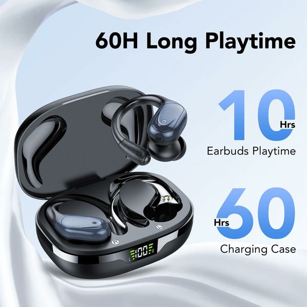 Wireless Earbuds Bluetooth 5.3 Headphones 60hrs Playtime with Digital Display Sports Headset with Earhook Deep Bass Waterproof Over-Ear Earbuds for Android iOS