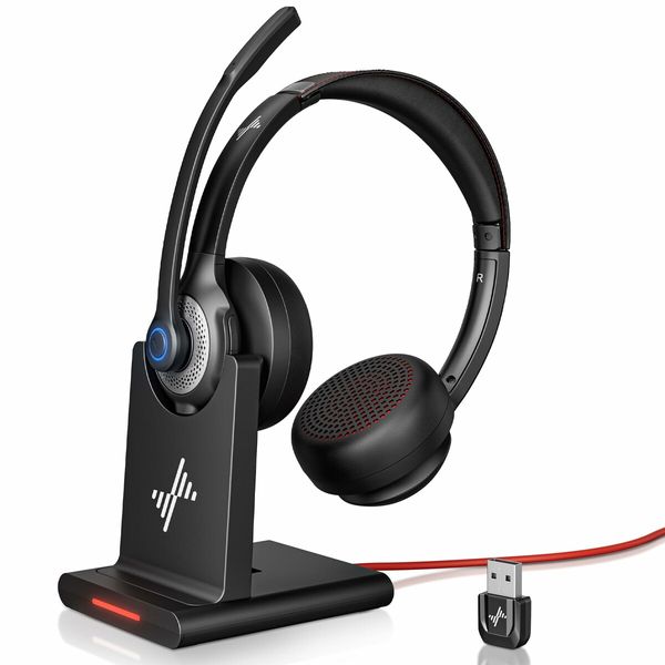 Wireless Headset with AI Noise Cancelling Microphone Bluetooth Headset with USB Dongle, Charging Base & Mic Mute for Computer/Laptop/PC/Cell Phones