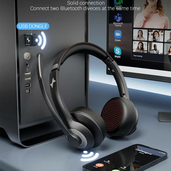 Wireless Headset with AI Noise Cancelling Microphone Bluetooth Headset with USB Dongle, Charging Base & Mic Mute for Computer/Laptop/PC/Cell Phones