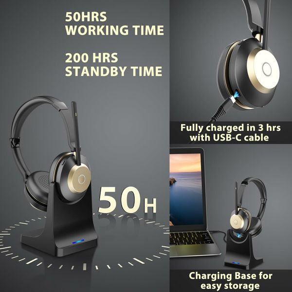 Wireless Headset-V5.3 Bluetooth Headphones with Microphone Noise Cancelling,2.4G USB Dongle Mic for Work/Call Center/PC/Teams