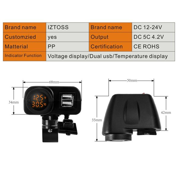 Weatherproof Motorcycle Dual USB Voltmeter Charger with Handlebar Clamp Power Adapter