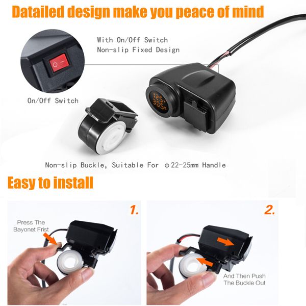 Weatherproof Motorcycle Dual USB Voltmeter Charger with Handlebar Clamp Power Adapter