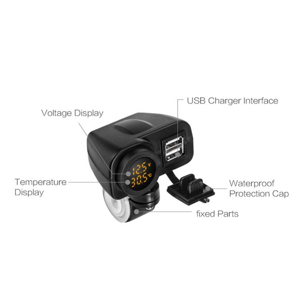 Weatherproof Motorcycle Dual USB Voltmeter Charger with Handlebar Clamp Power Adapter