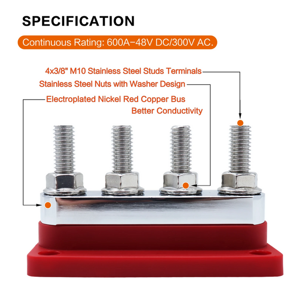 600A Bus Bar Power Distribution Block 4 Terminal Studs 4-Way Electrical Block for Vehicles Car Marine Boat