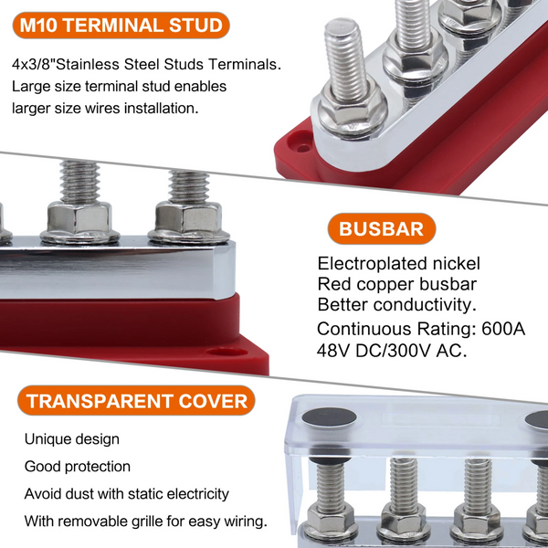 600A Bus Bar Power Distribution Block 4 Terminal Studs 4-Way Electrical Block for Vehicles Car Marine Boat