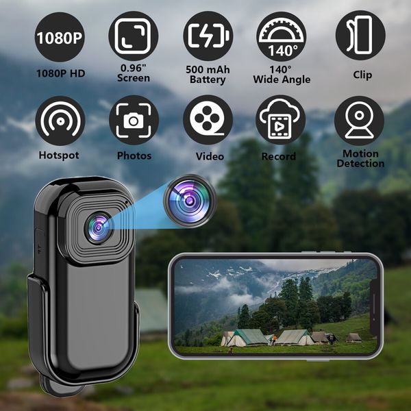 Mini 1080P Action Camera Wearable Sports Body Camera Pocket Helmet Camera Vlogging Multi-Function Black