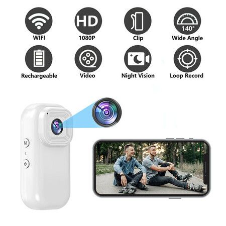 Mini 1080P Action Camera Wearable Sports Body Camera Pocket Helmet Camera Vlogging Multi-Function White