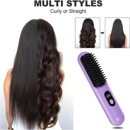 Mini Portable Straightening Brush for Travel, USB Rechargeable Negative Ion Hot Comb Straightener for Lightweight Carry (Purple)