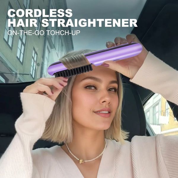 Mini Portable Straightening Brush for Travel, USB Rechargeable Negative Ion Hot Comb Straightener for Lightweight Carry (Purple)