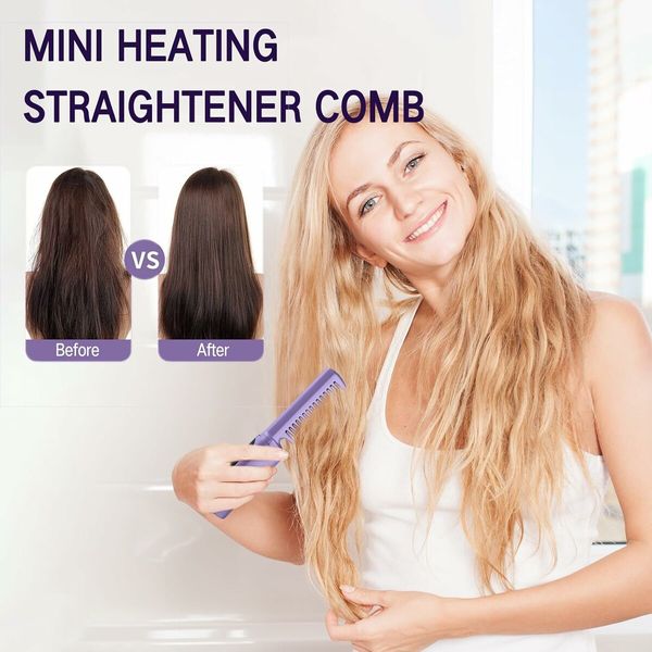 Mini Hair Comb, Cordless Hair Straightener Brush, Negative Ion Rechargeable Hot Comb for Women