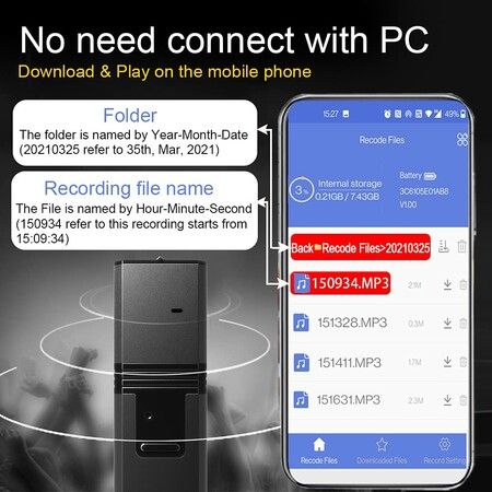 Magnetic Voice Activated Recorder,No Need Connect with PC,Download & Play on The Mobile Phone,APP for Andriod iOS,Audio Recorder for Meeting Interview