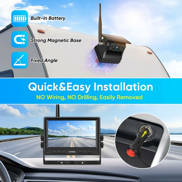 7Inch Solar Wireless Magnetic Backup Camera 1080P Monitor System 9900mAh Battery Powered Waterproof HD Back Up Rear View Car Truck Trailer RV VN003