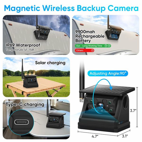 7Inch Solar Wireless Magnetic Backup Camera 1080P Monitor System 9900mAh Battery Powered Waterproof HD Back Up Rear View Car Truck Trailer RV VN003