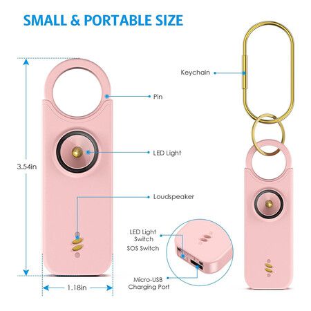 Personal Safety Alarm for Women, Travel Safety Keychains Siren Whistle, Loud Alarm, LED Strobe Light, Pink