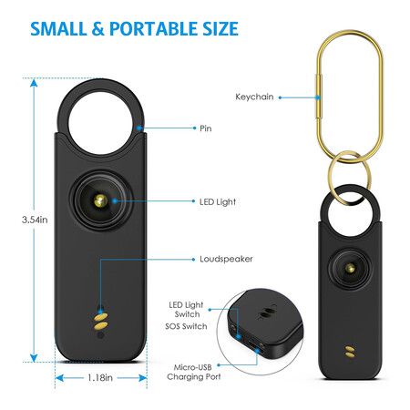 Personal Safety Alarm for Women, Travel Safety Keychains Siren Whistle, Loud Alarm, LED Strobe Light, Personal Emergency Security Safe Devices Key Chain Alarm for Kids Elderly, Black