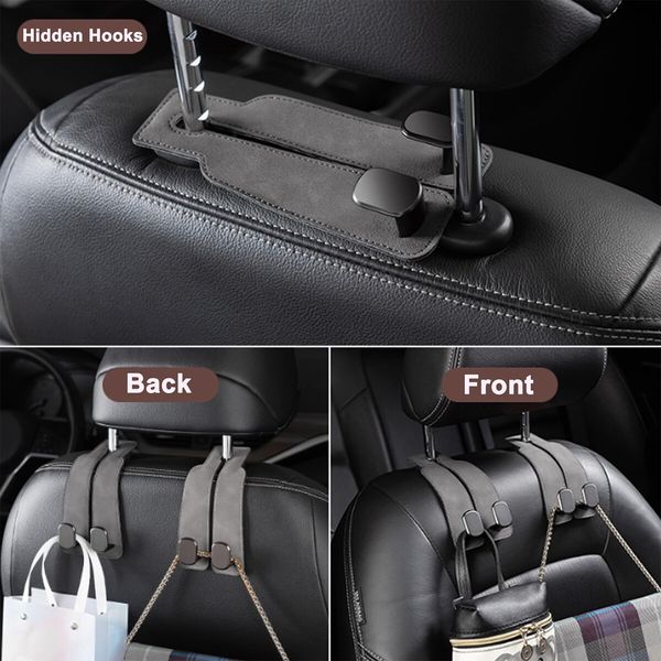 Car Hooks for Headrest,Car Seat Back Storage Hook for Headrest,Headrest Hooks for Purses and Bags,Car Hooks Leather (Grey 2 Pack)