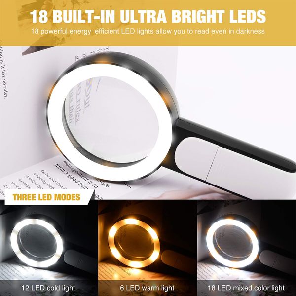 Magnifying Glass with Light,30X Handheld Large 18LED Cold and Warm Light with 3 Modes,Illuminated Magnifier for Seniors Reading,Inspection,Coins,Jewelry,Exploring