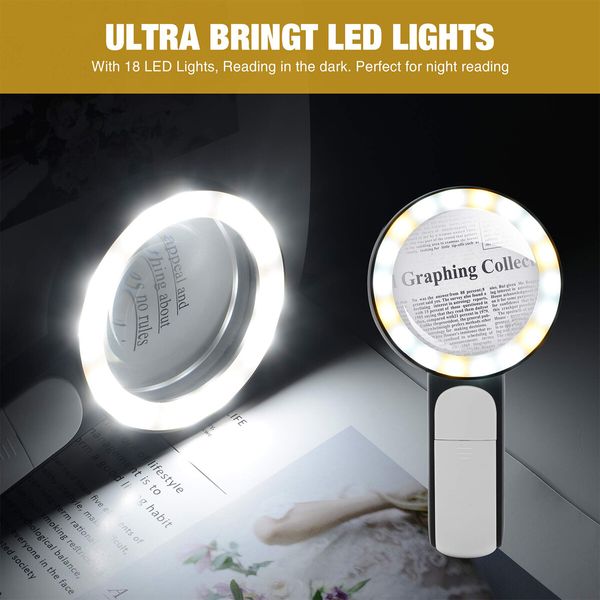 Magnifying Glass with Light,30X Handheld Large 18LED Cold and Warm Light with 3 Modes,Illuminated Magnifier for Seniors Reading,Inspection,Coins,Jewelry,Exploring