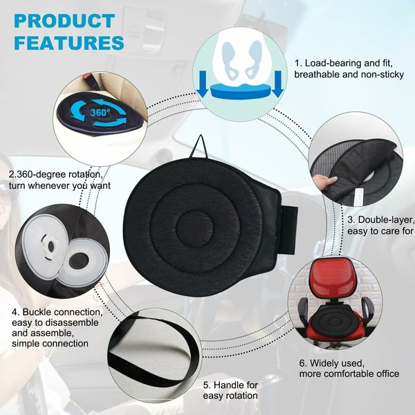 360 Rotating Seat Cushion for Car,Swivel Seat Cushion for Car for Elderly,360 Degrees Swivel Car Seat for Elderly Support,Non Slip,Memory Foam,Ergonomic Design (Black)