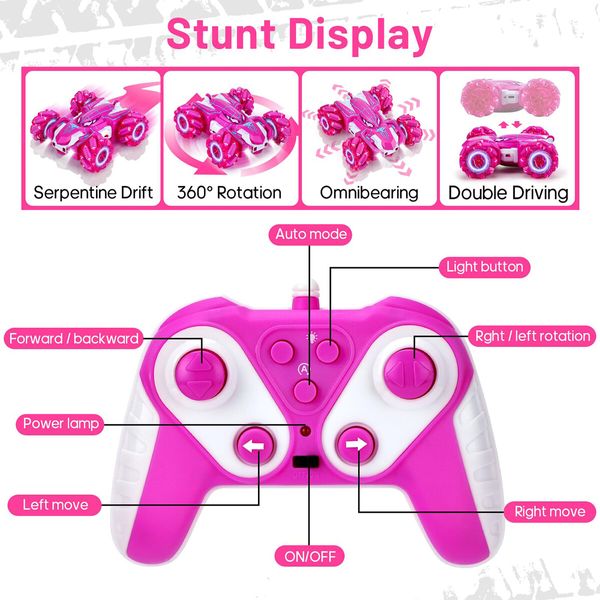 Spider Remote Control Car,2.4Ghz 360 Degrees Rotating Double Sided RC Stunt Cars with Cool Headlights,Rechargeable 4WD Off Road Drift Toys Age3+ (Pink)